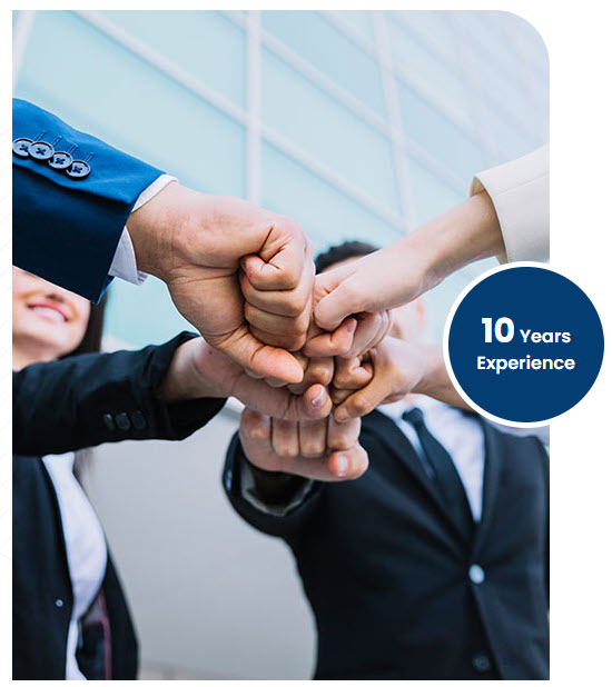 Five people bumping fists in suits for 1099 Software